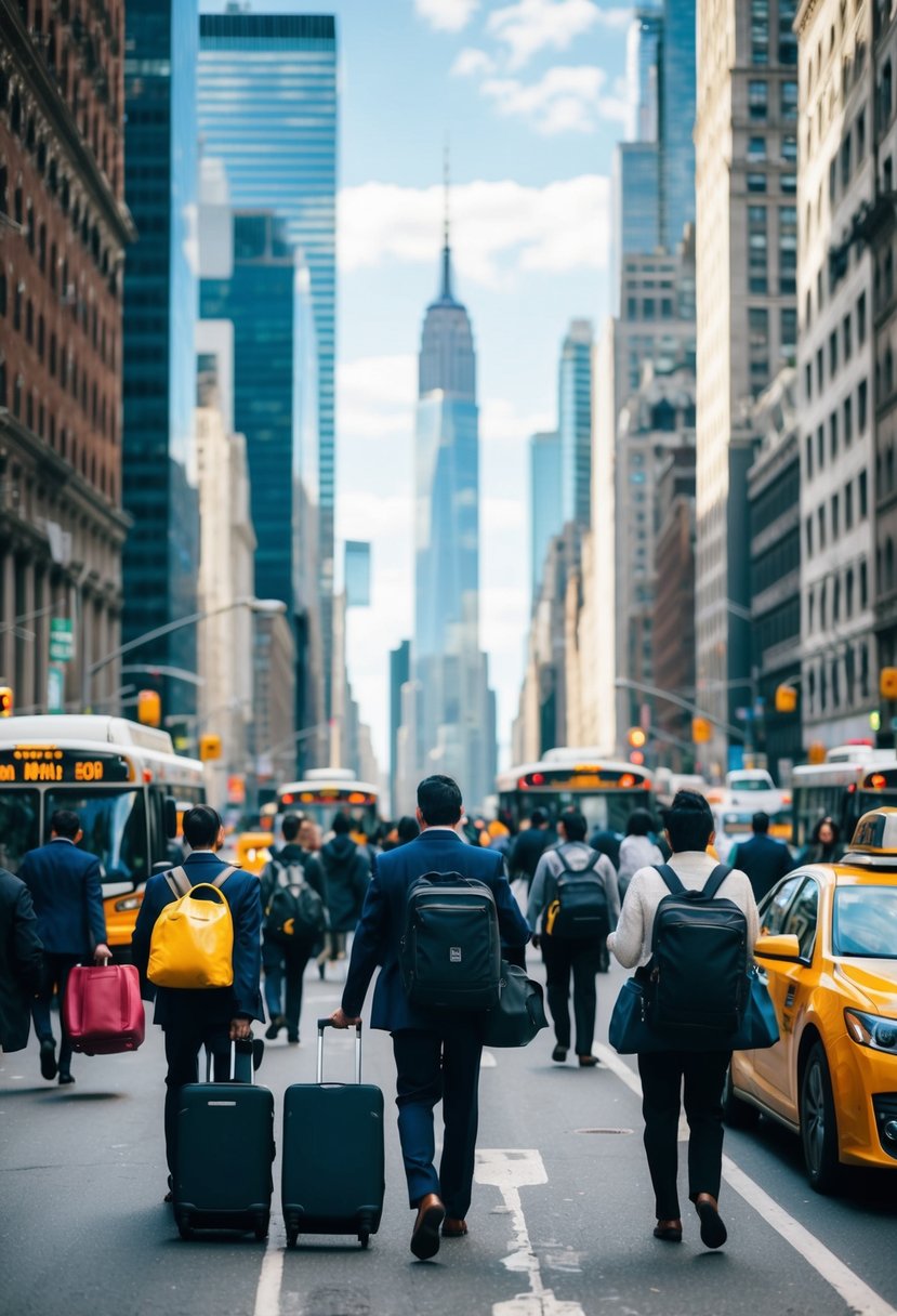 Busy city street with skyscrapers in the background, filled with people carrying suitcases and bags. Taxis and buses pass by, with the iconic New York City skyline in the distance