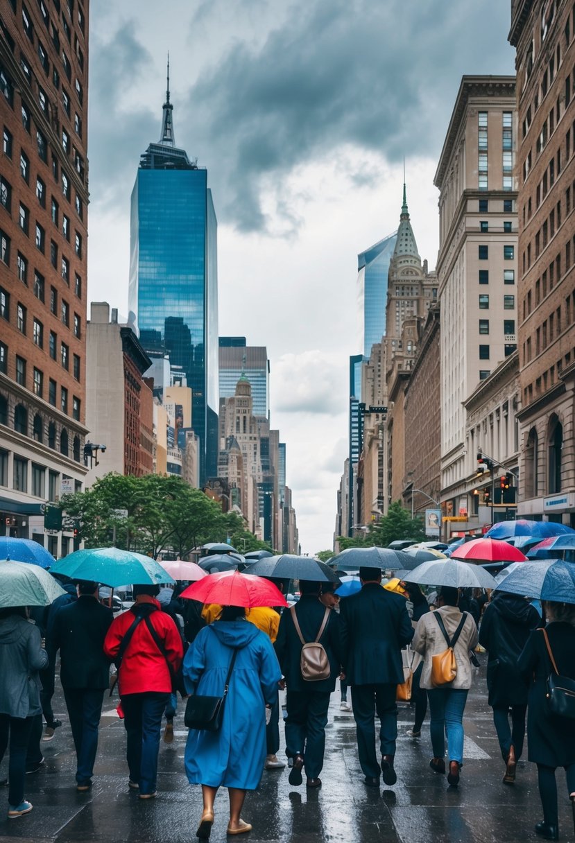 A busy New York City street with people in various clothing, some carrying umbrellas, under cloudy skies with scattered rain showers