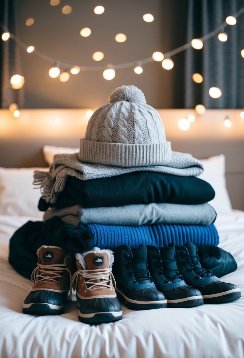 A pile of winter clothing and accessories laid out on a bed, including a heavy coat, scarf, gloves, hat, and snow boots