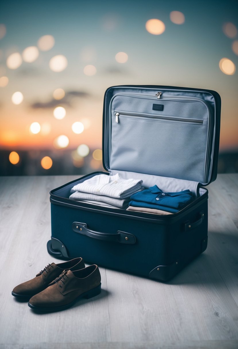 A suitcase open with neatly folded clothes and a pair of shoes laid out next to it