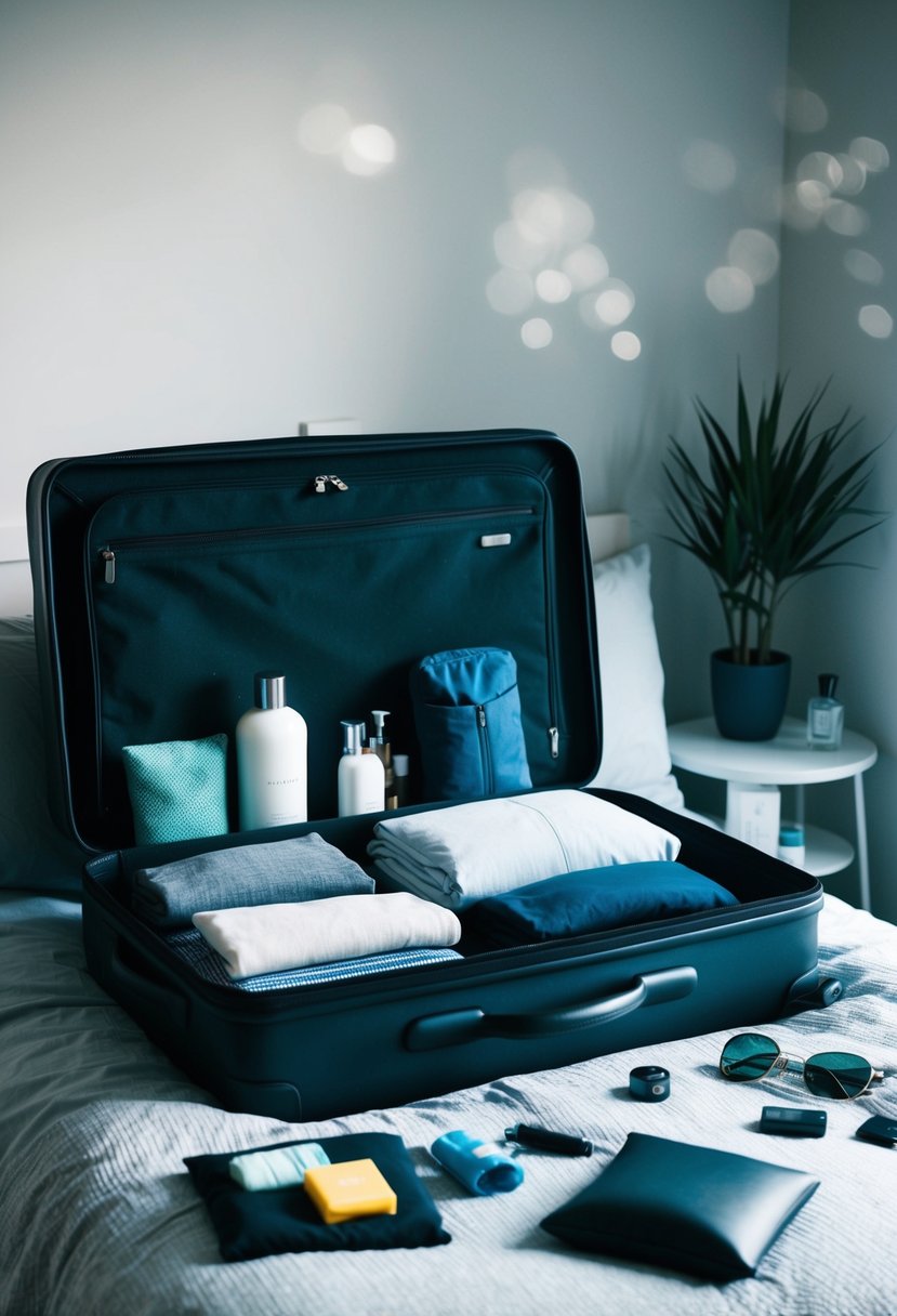 A suitcase open on a bed with neatly folded clothes, toiletries, and various travel accessories scattered around