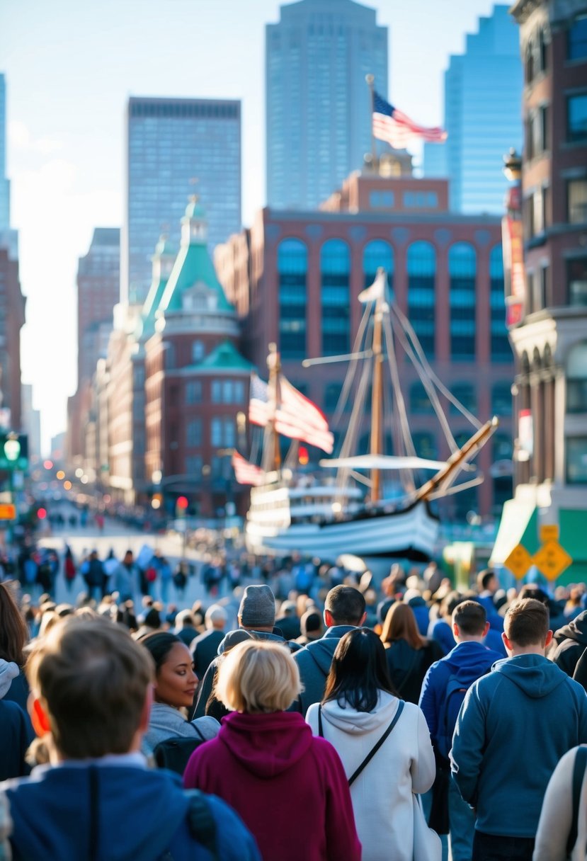 A crowded street with iconic Boston landmarks in the background, including the Freedom Trail, Fenway Park, and the Boston Tea Party Ships