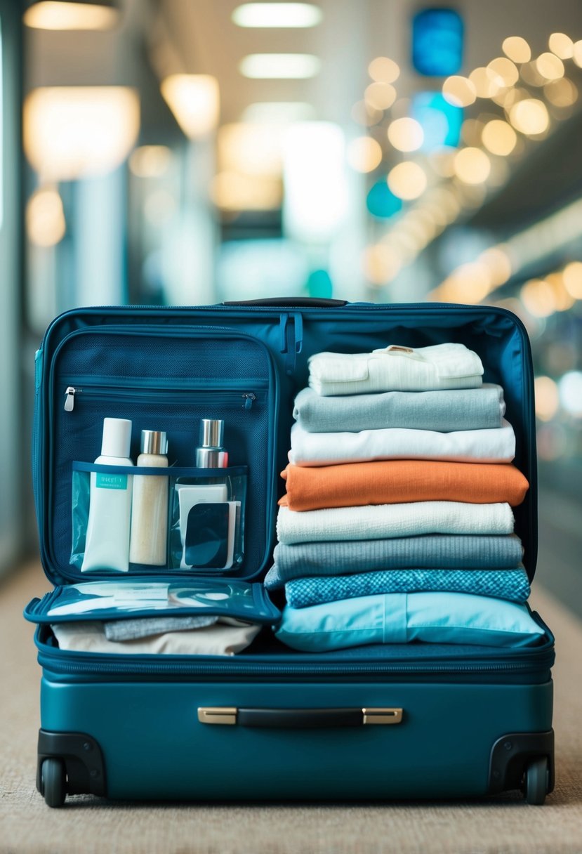 A suitcase filled with neatly folded clothes, toiletries organized in a clear bag, and travel documents tucked into a side pocket