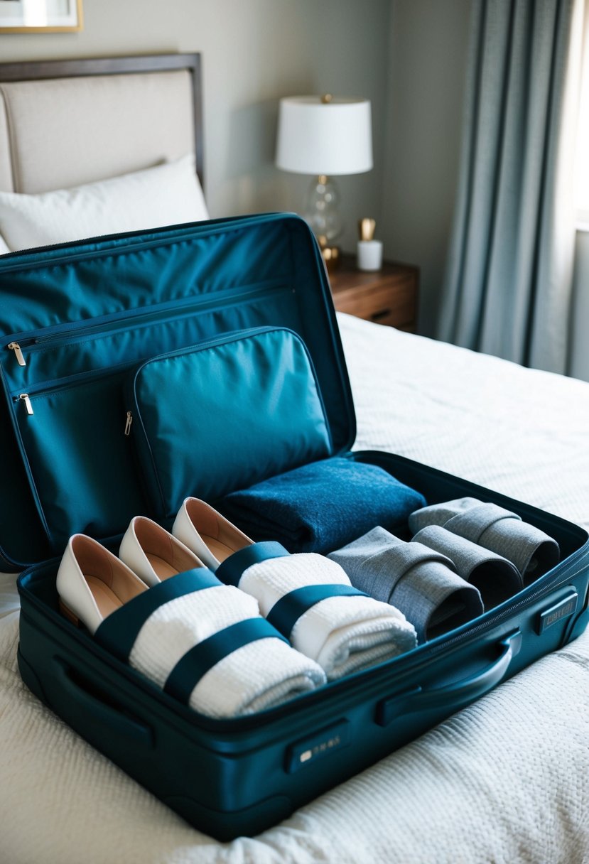 A suitcase open on a bed with neatly folded clothes, shoes, and toiletries laid out in an organized manner