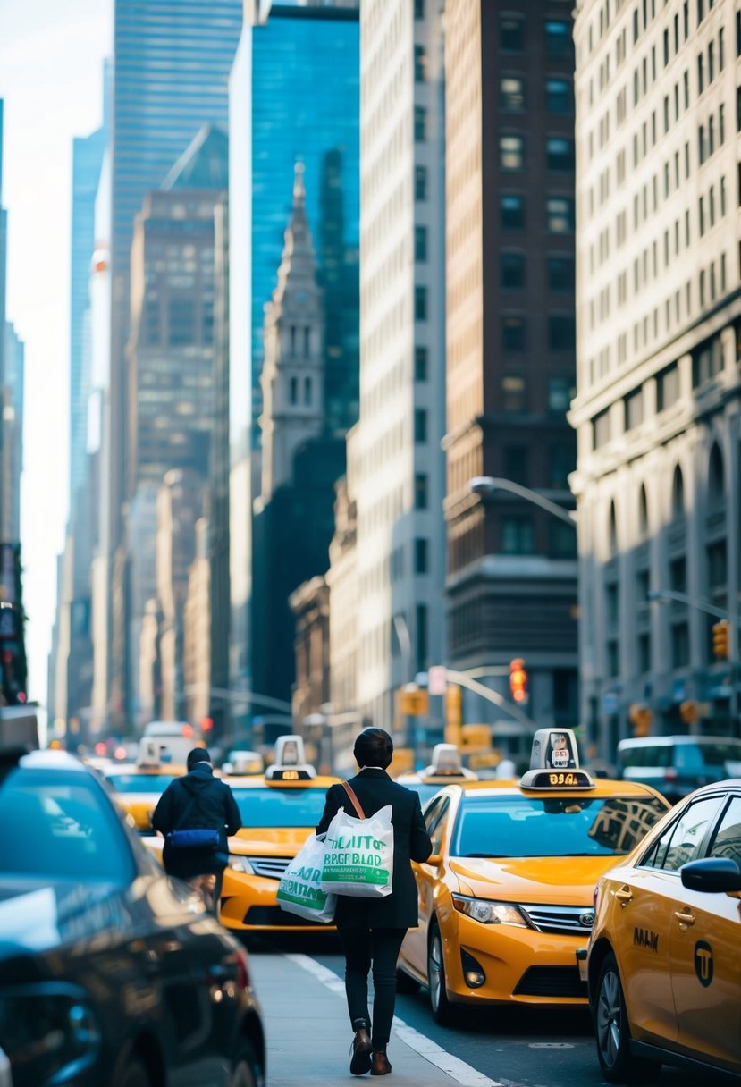 A bustling New York City street with skyscrapers, taxis, and people carrying bags of health and personal care items