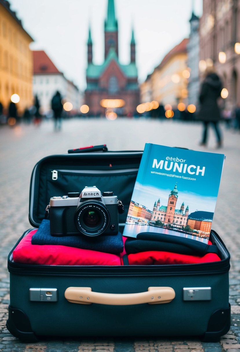 A suitcase filled with winter clothes, a camera, and a guidebook for Munich