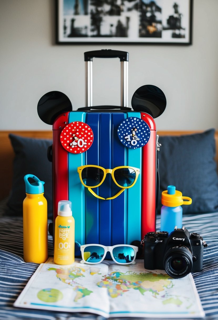 A colorful suitcase with Mickey Mouse ears, sunglasses, sunscreen, water bottle, camera, and map spread out on a bed