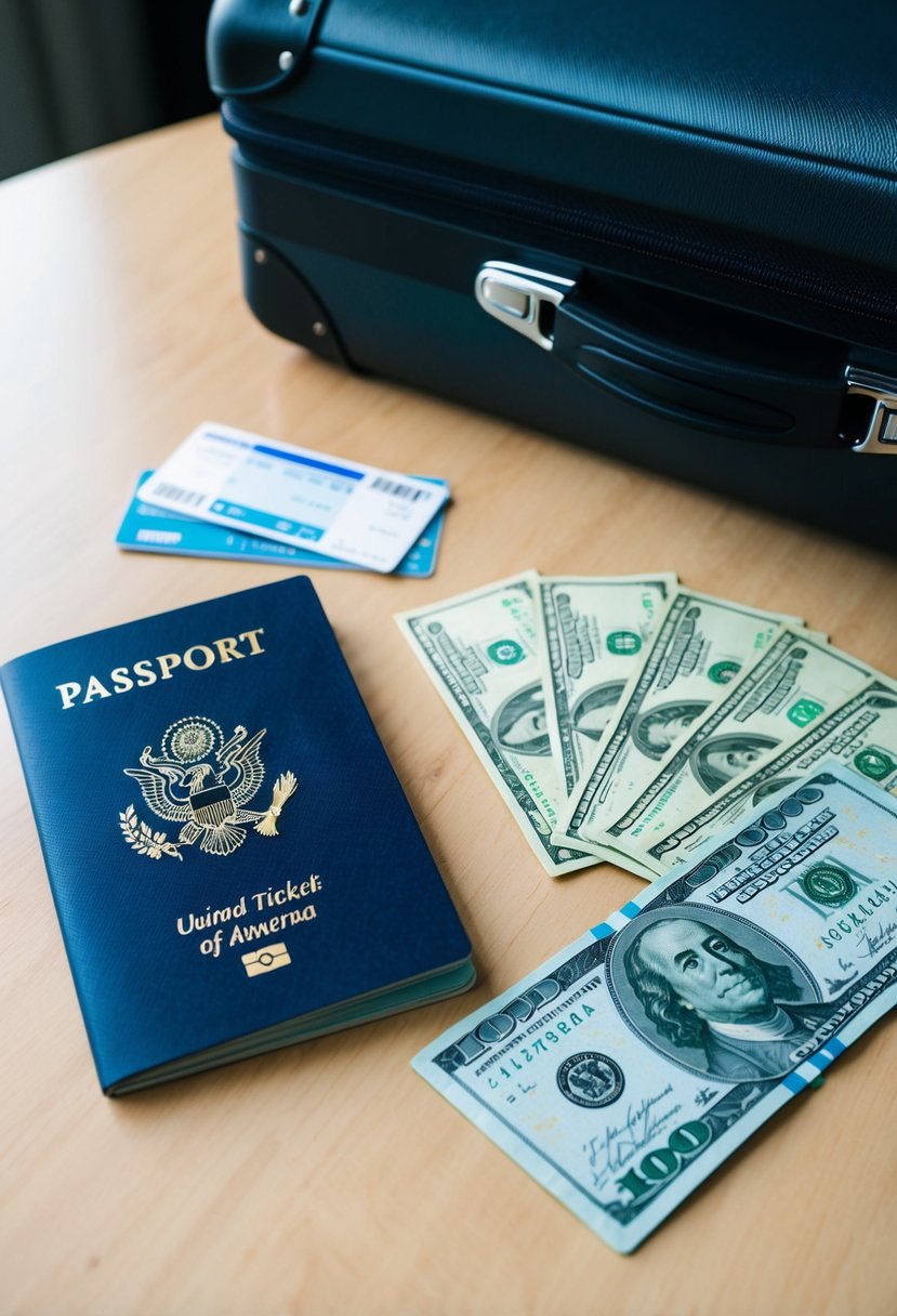 A passport, plane tickets, and currency spread out on a table next to a neatly packed suitcase