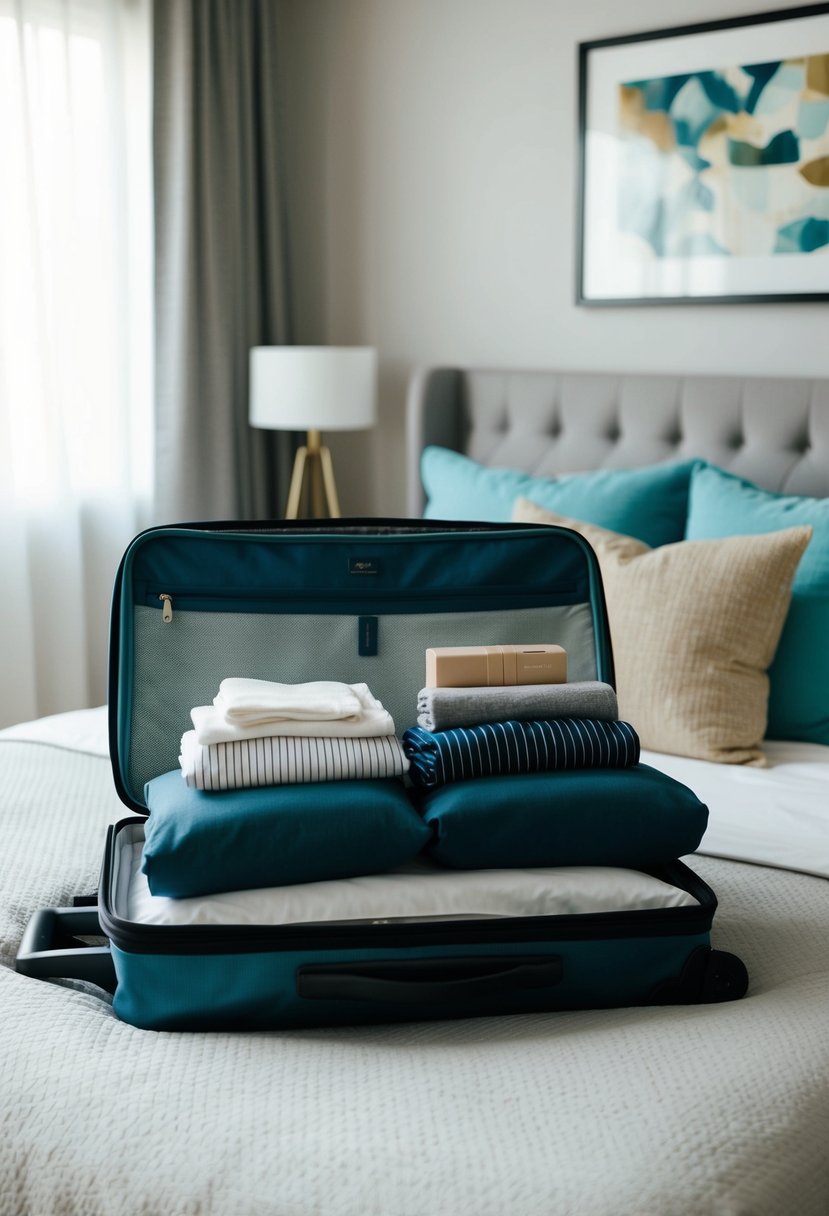 A suitcase open with neatly folded clothes, toiletries, and travel accessories laid out on a bed