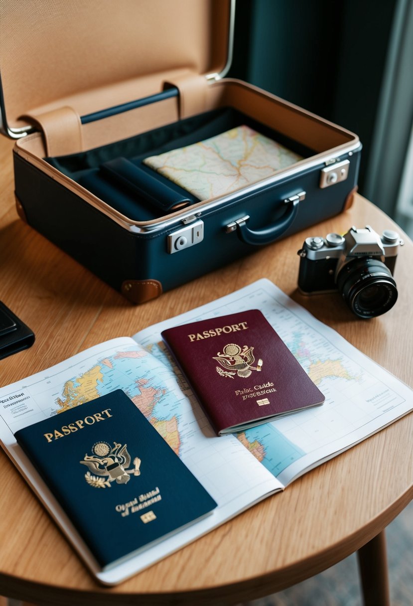 A table with open suitcase, passport, map, and camera