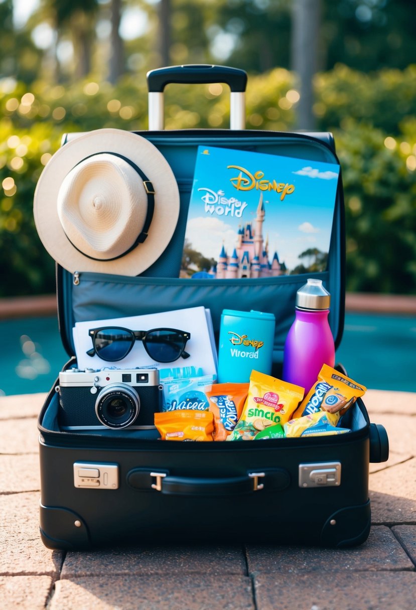 A suitcase filled with a variety of items such as a camera, sunglasses, sun hat, water bottle, snacks, and a map of Disney World