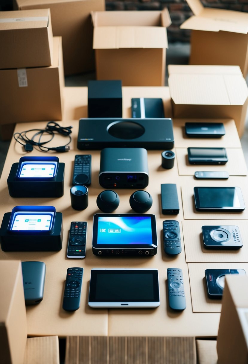 A table with neatly arranged electronic devices and entertainment items, surrounded by cardboard boxes and packing materials