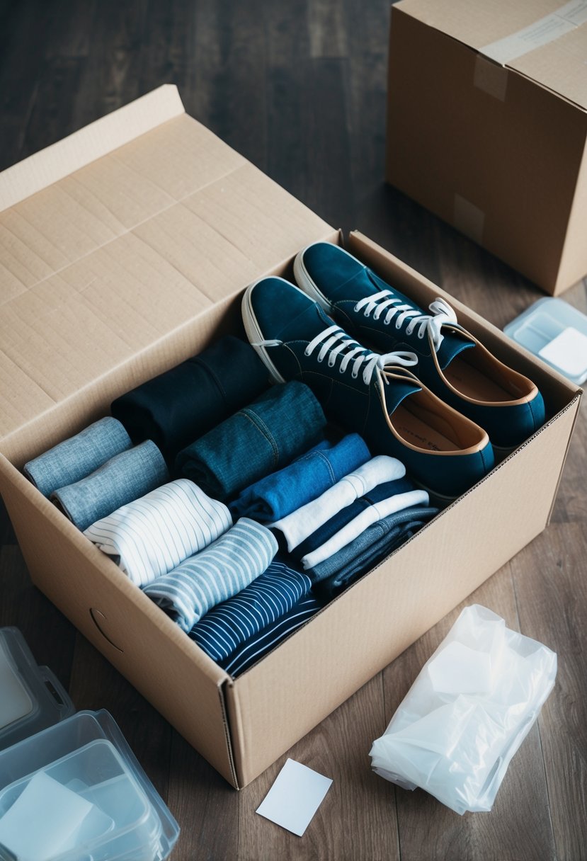 A pile of folded clothing and neatly arranged footwear inside a cardboard box, with packing materials scattered around