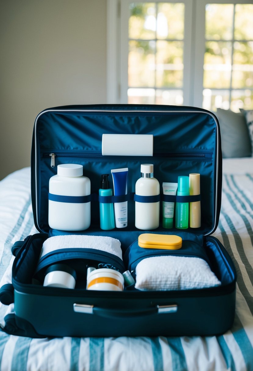 A suitcase open on a bed, filled with toiletries and health items neatly organized in travel-sized containers