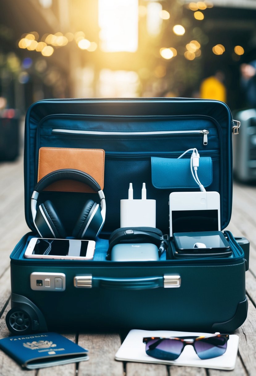 A suitcase filled with electronic devices, headphones, chargers, and entertainment gadgets, surrounded by travel essentials like a passport and sunglasses