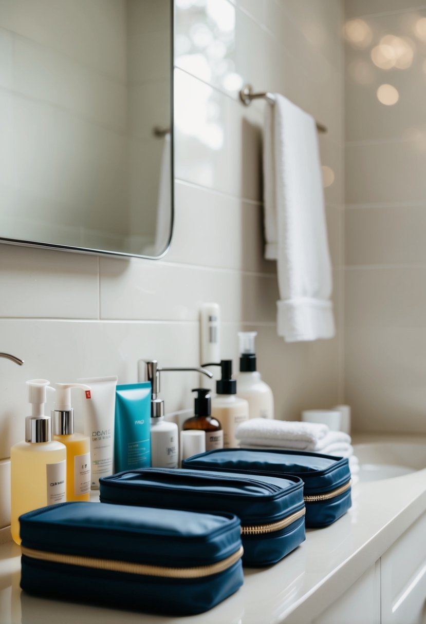 A bathroom counter with neatly arranged toiletries and personal hygiene items in travel-sized containers