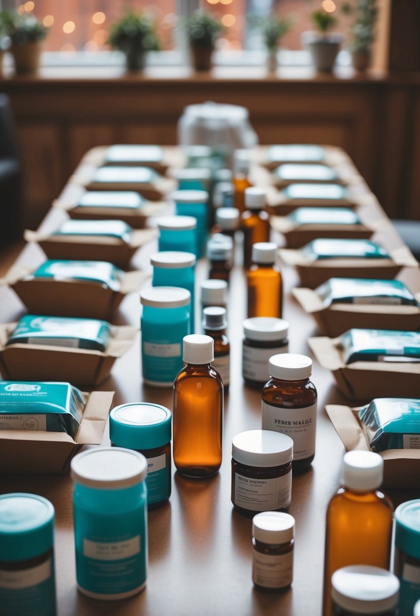 A table with various health and wellness products neatly arranged for packing