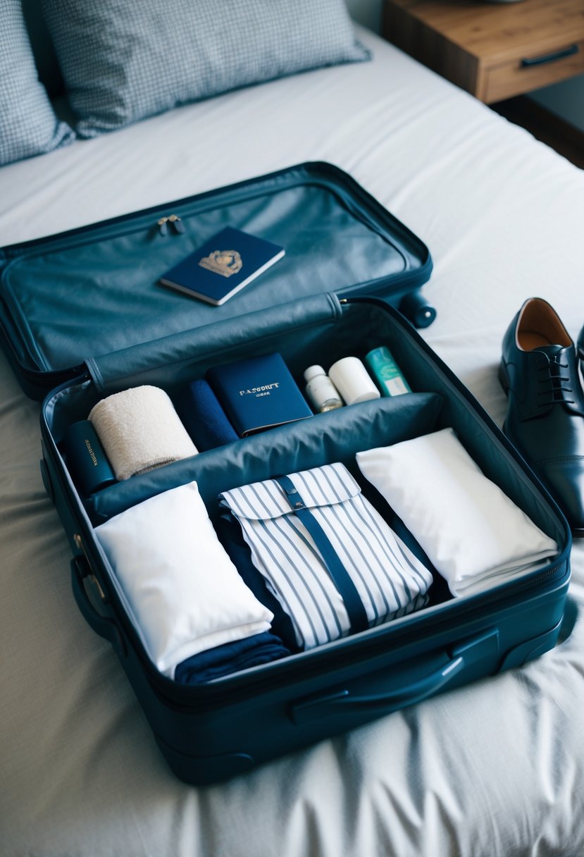 A suitcase open on a bed, filled with neatly folded clothes, toiletries, and a pair of dress shoes. A passport and travel itinerary sit on top