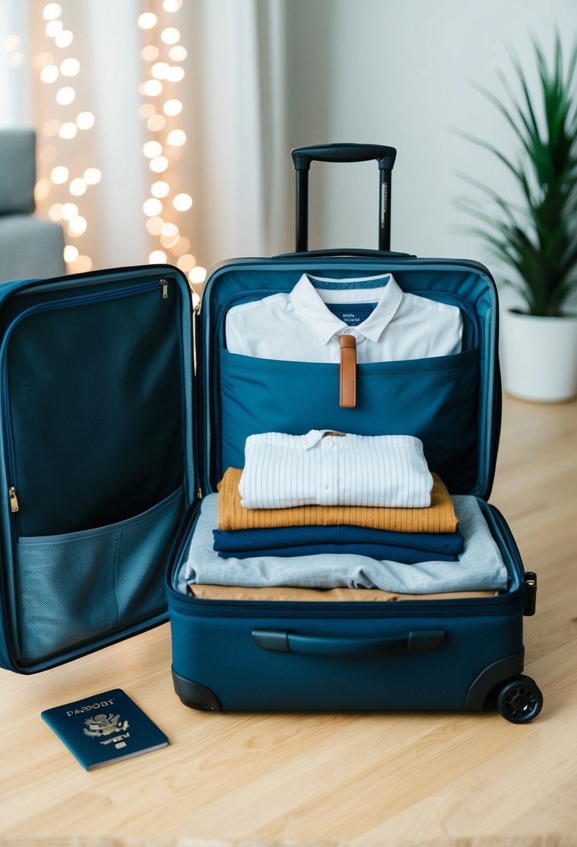 A suitcase open with neatly packed travel essentials, including a passport, toiletries, and comfortable clothing