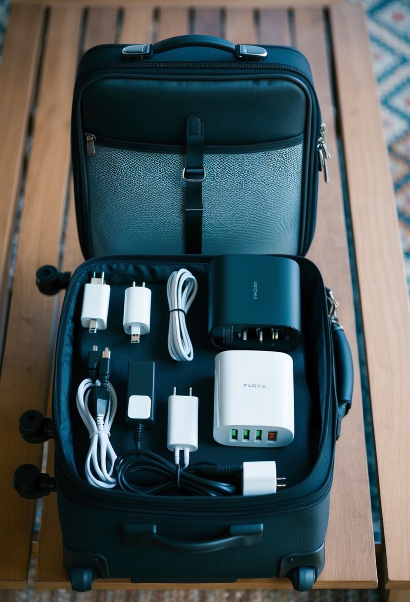 A table with electronic devices, chargers, adapters, and travel essentials neatly packed in a suitcase