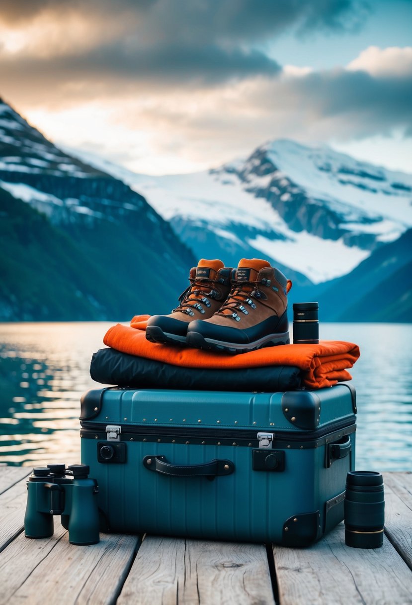 A suitcase with warm clothing, hiking boots, camera, and binoculars on a wooden dock with a fjord and snow-capped mountains in the background