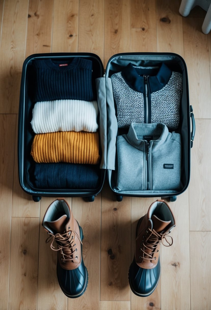 A suitcase open with neatly folded sweaters, waterproof jackets, and sturdy boots laid out on a wooden floor for a Norway cruise