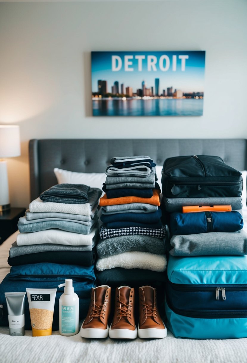 A pile of clothing, shoes, toiletries, and travel essentials lay neatly arranged on a bed, ready to be packed for a trip to Detroit