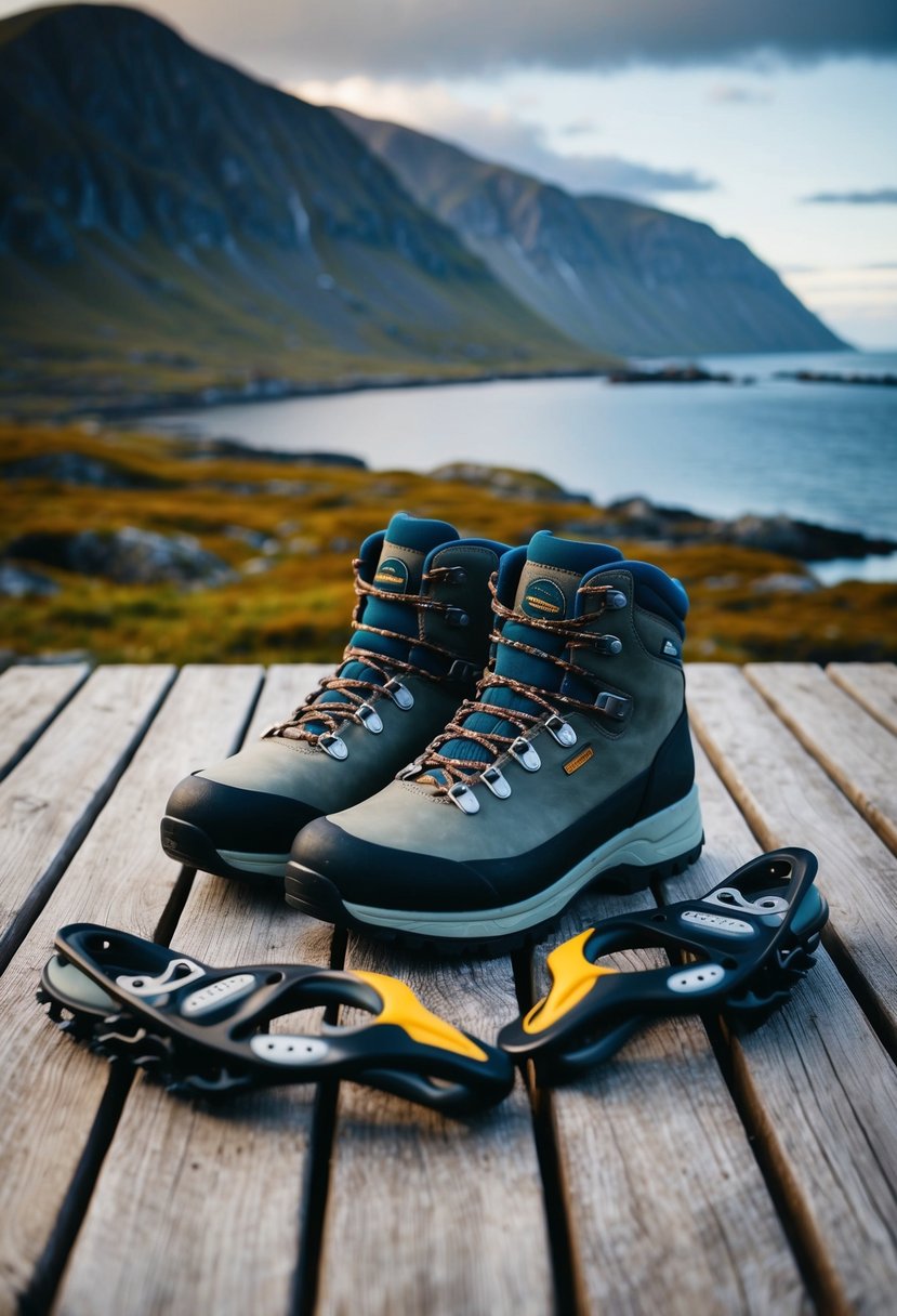 A hiking boot, a pair of waterproof sneakers, and a set of crampons laid out on a wooden deck overlooking a rugged Norwegian coastline