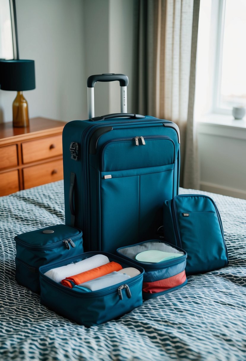 A suitcase with packing cubes, toiletry bag, and travel-sized containers laid out on a bed, ready to be packed for a Norway cruise