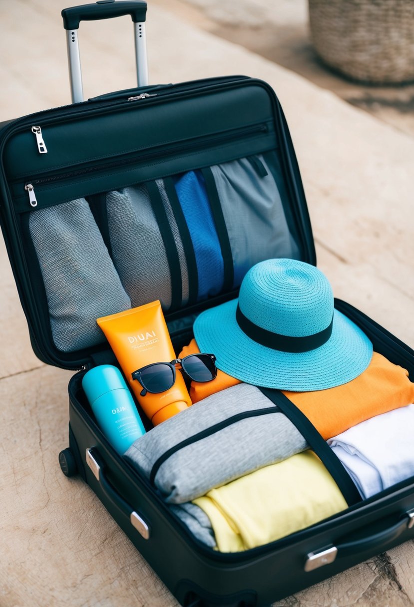 A suitcase filled with sunscreen, sunglasses, a wide-brimmed hat, and lightweight clothing for a trip to Dubai