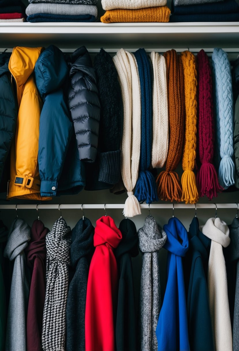 A colorful array of clothing items, including jackets, scarves, hats, and gloves, arranged neatly on a shelf, ready for the changing Detroit weather