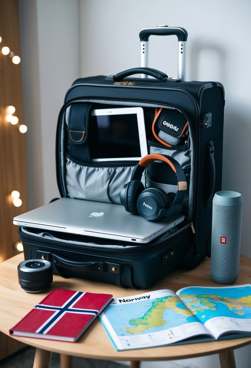 A suitcase packed with camera, laptop, headphones, tablet, and portable speaker sits on a table next to a map of Norway and a guidebook