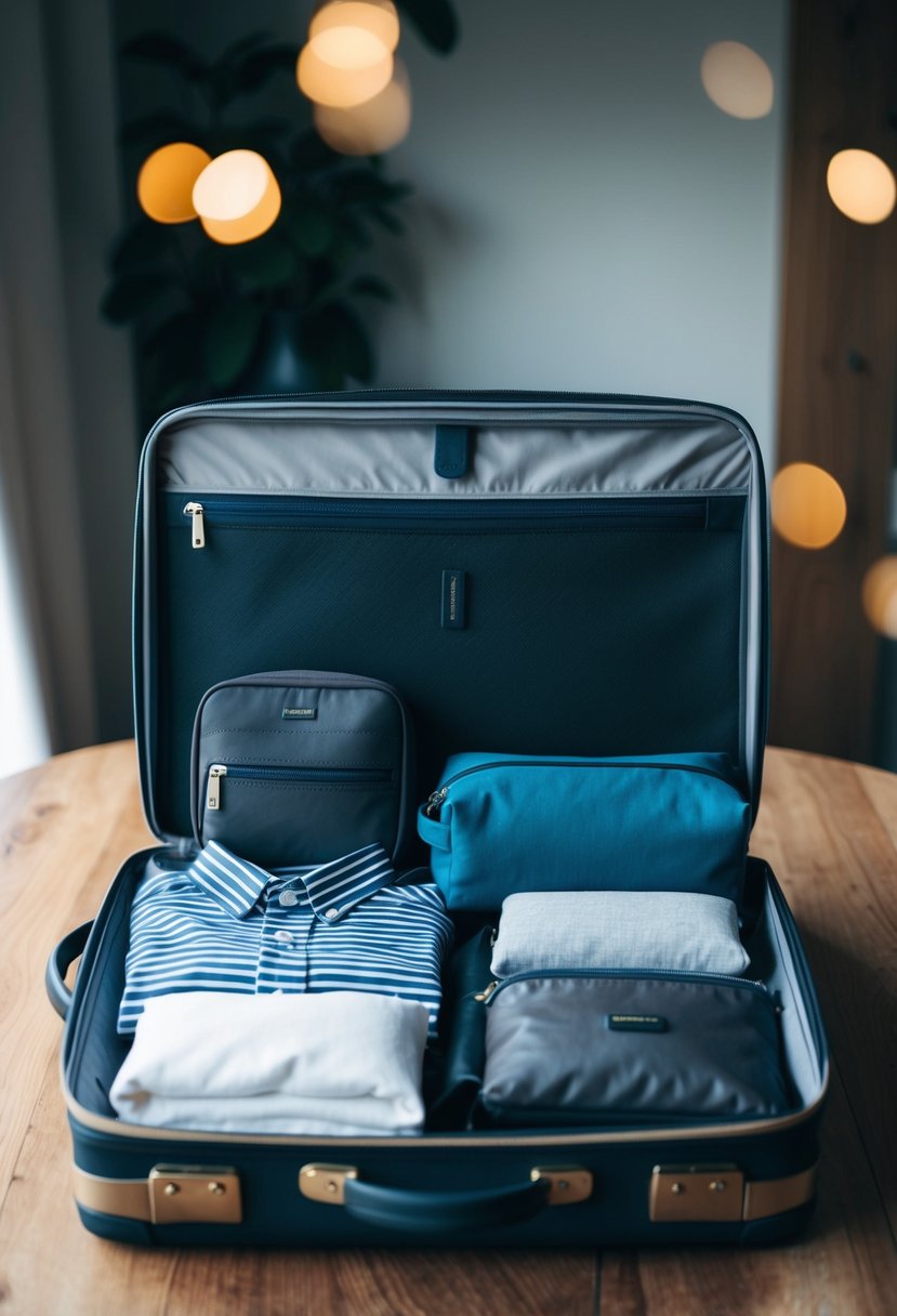 A suitcase open with neatly folded clothing, toiletry bag, and personal items laid out on a wooden table