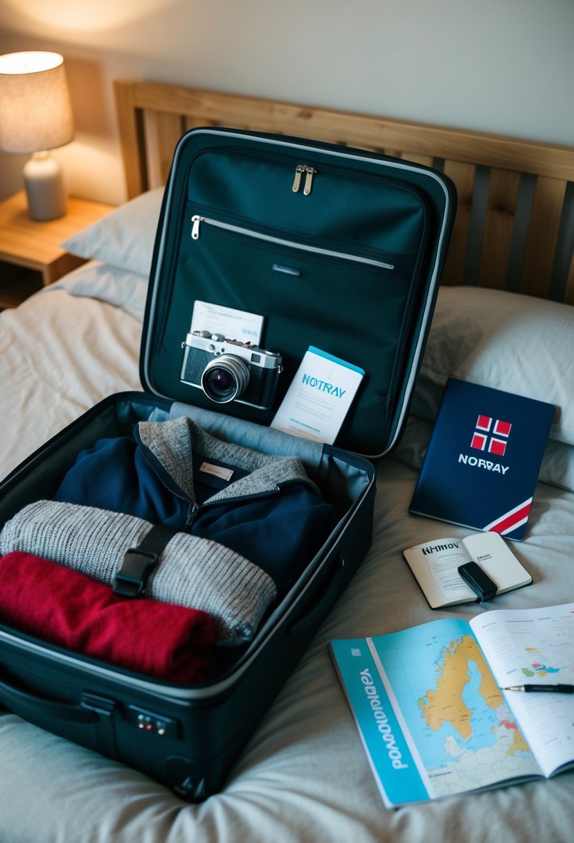 A suitcase open on a bed, filled with warm clothing, a camera, passport, and travel documents. A map of Norway and a guidebook lay nearby