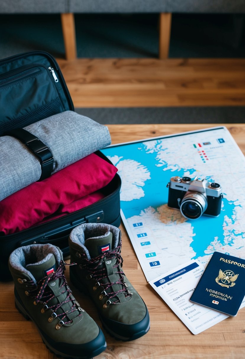 A suitcase filled with warm clothing, hiking boots, a camera, and a map of the Norwegian Fjords sits next to a passport and boarding pass on a wooden table