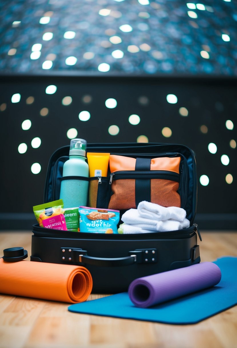 A suitcase filled with travel-sized toiletries, workout clothes, and healthy snacks sits next to a yoga mat and water bottle