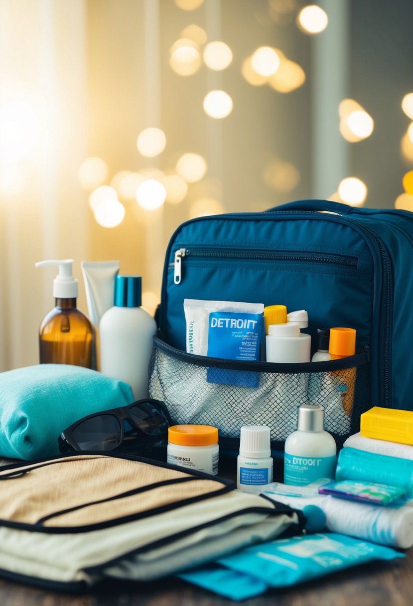 A packing scene with toiletries, medications, and personal care items for a trip to Detroit