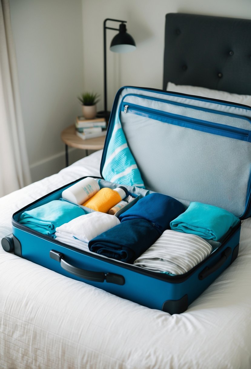 A suitcase open on a bed, filled with neatly folded clothes, shoes, and toiletries. A beach towel and sunscreen peek out from the top