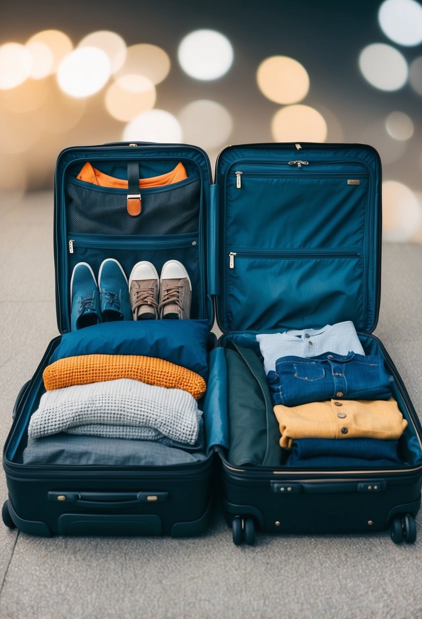 An open suitcase filled with a variety of clothing, shoes, and travel essentials, ready to be packed for a trip to Edinburgh