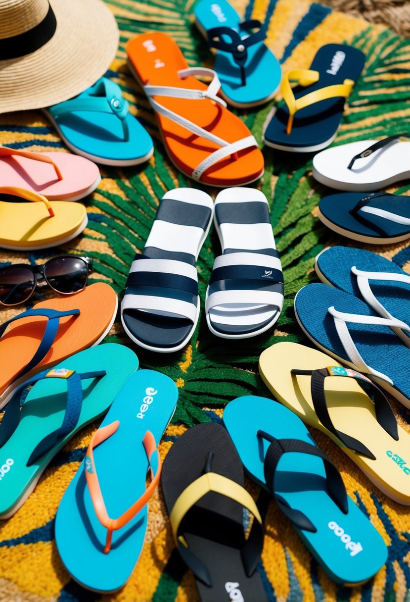 A colorful array of sandals, sneakers, and flip-flops laid out on a tropical-themed rug, surrounded by a sunhat and sunglasses