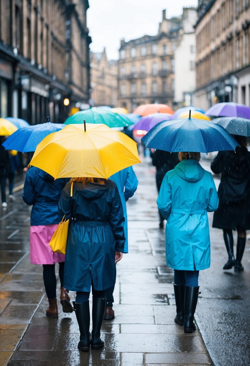 A rainy Edinburgh street with colorful umbrellas and people in raincoats