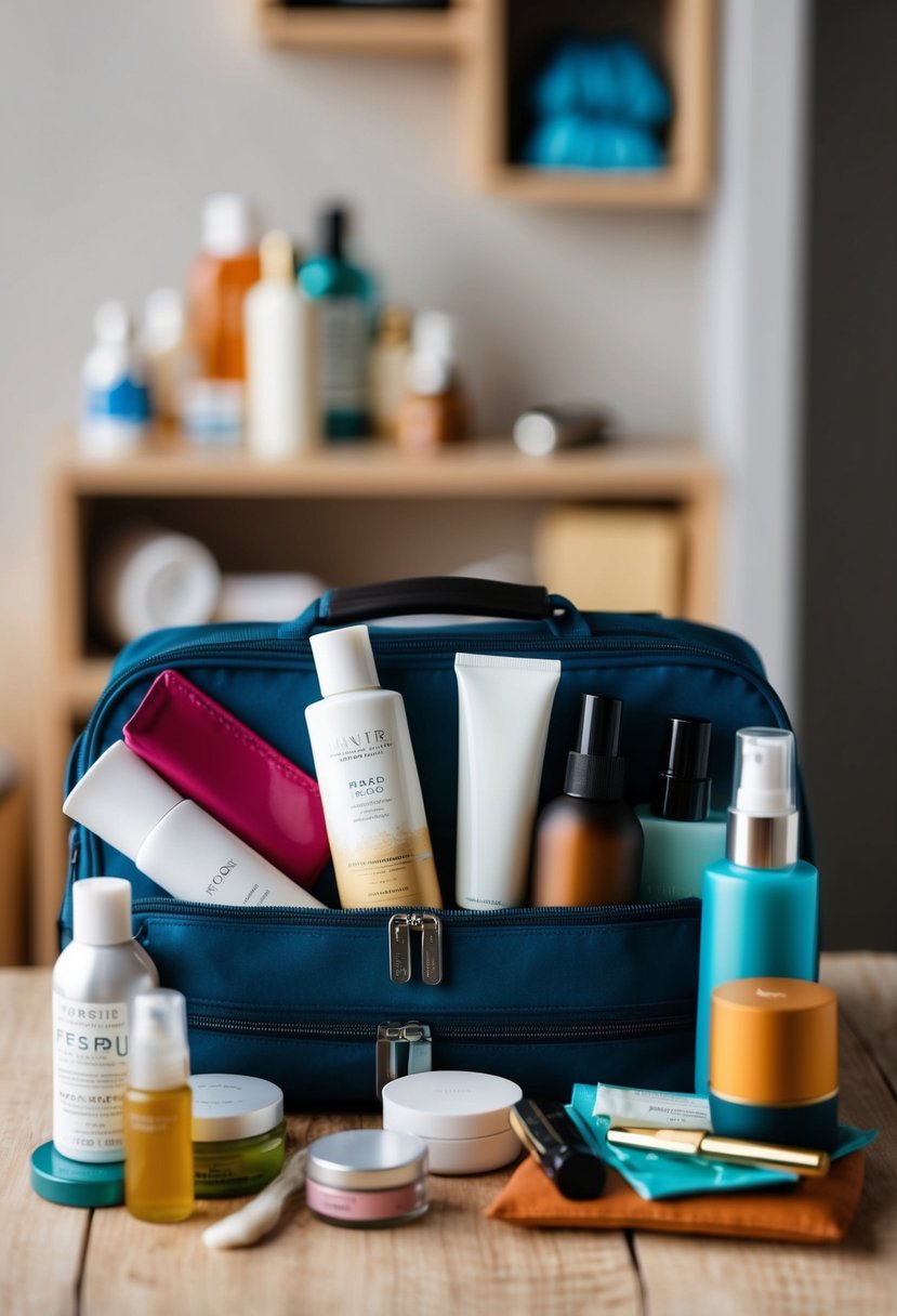 A variety of toiletries and personal items arranged neatly in a travel bag