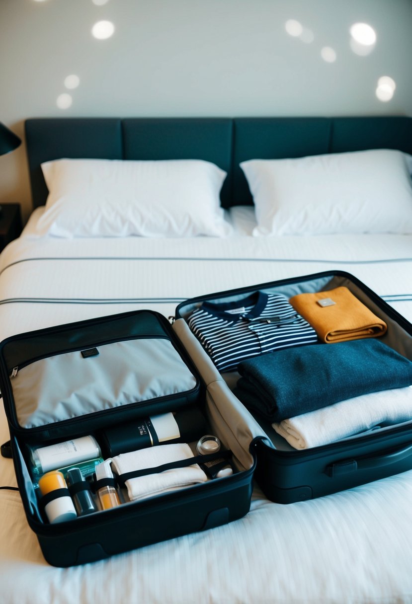 A suitcase open with neatly folded clothes, toiletries, and travel essentials laid out on a bed