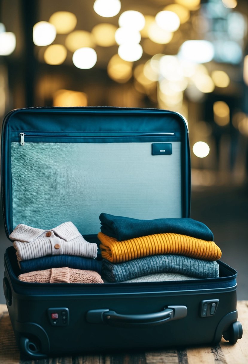 A suitcase open with neatly folded clothing including sweaters, scarves, and boots for a trip to Edinburgh