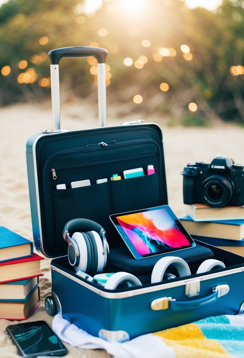 A suitcase filled with gadgets, headphones, and a tablet, surrounded by books, a camera, and a beach towel