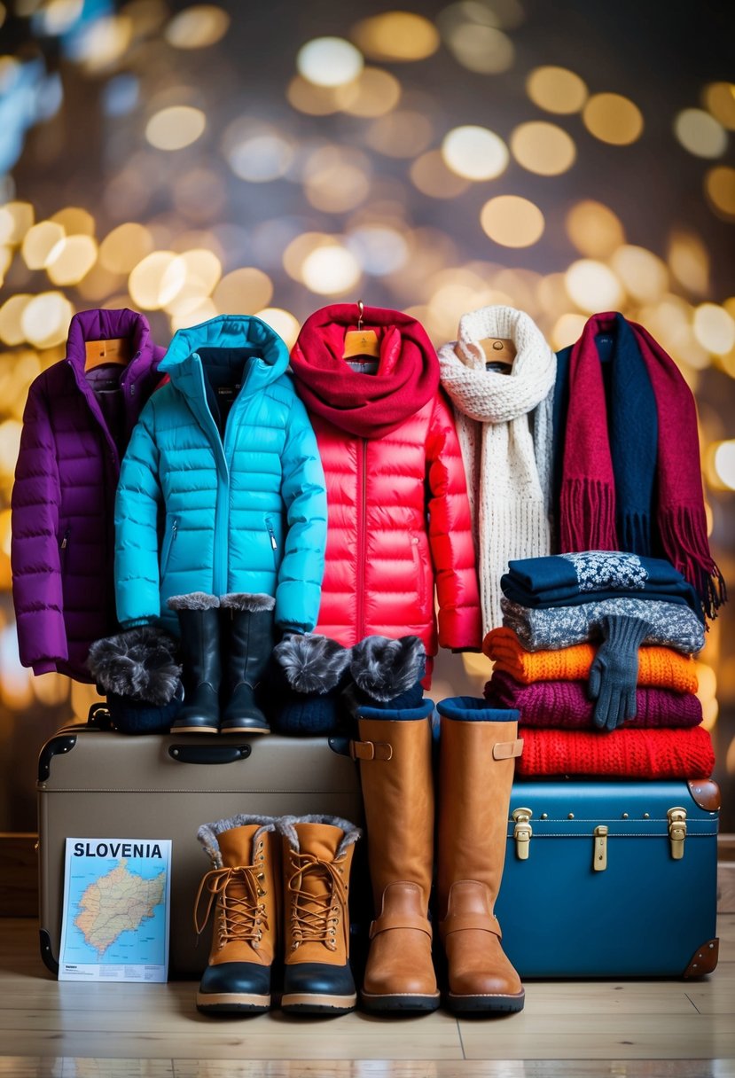 A colorful array of warm jackets, scarves, boots, and gloves arranged next to a suitcase with a map of Slovenia