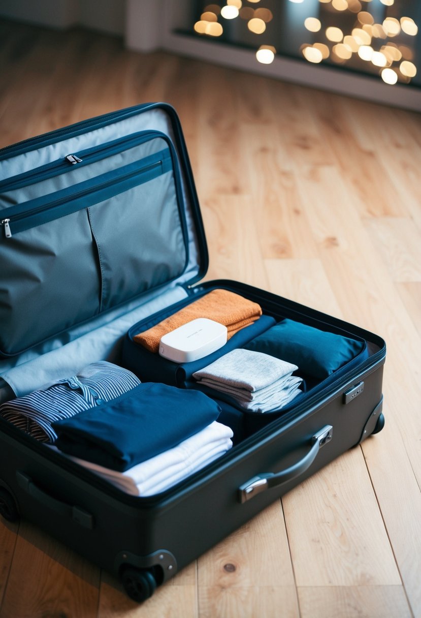 A suitcase open with neatly folded clothes, toiletries, and accessories arranged for a trip to Edinburgh