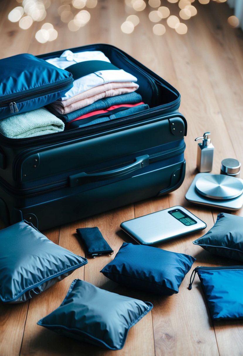 A suitcase filled with clothes, toiletries, and travel accessories. Packing cubes, compression bags, and a luggage scale are scattered around