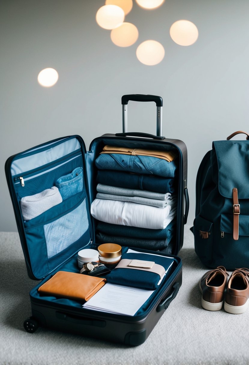 An open suitcase with neatly folded clothes, toiletries, and travel documents arranged next to it. A backpack and a pair of shoes sit nearby