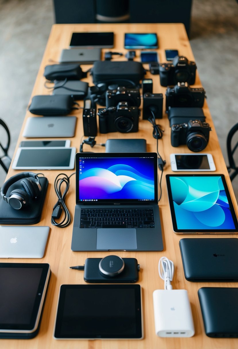 A table filled with various tech gear and gadgets, including laptops, tablets, chargers, headphones, and cameras, neatly organized and ready to be packed